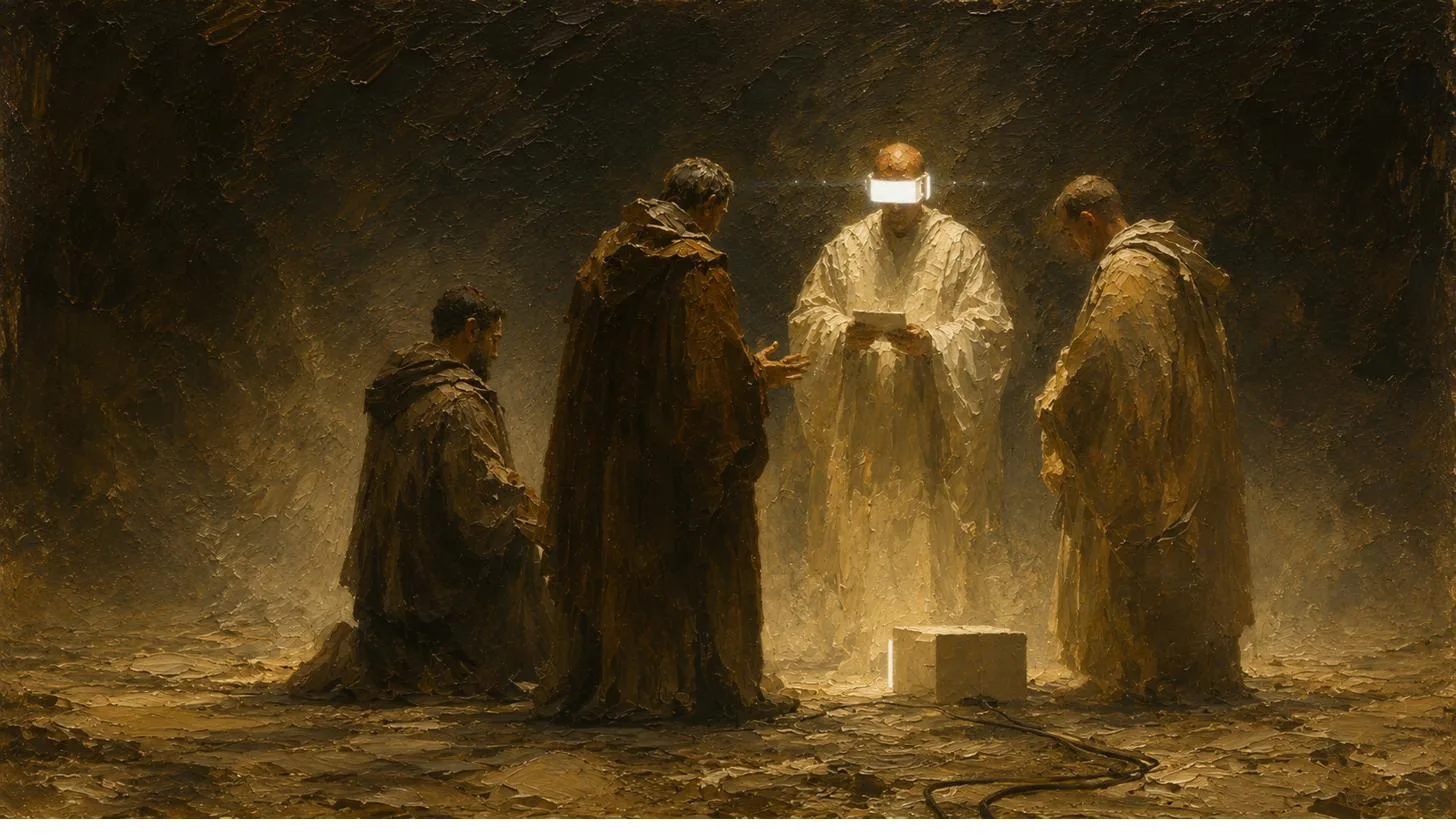 Grupo alrededor de un dispositivo de luz, en penumbra